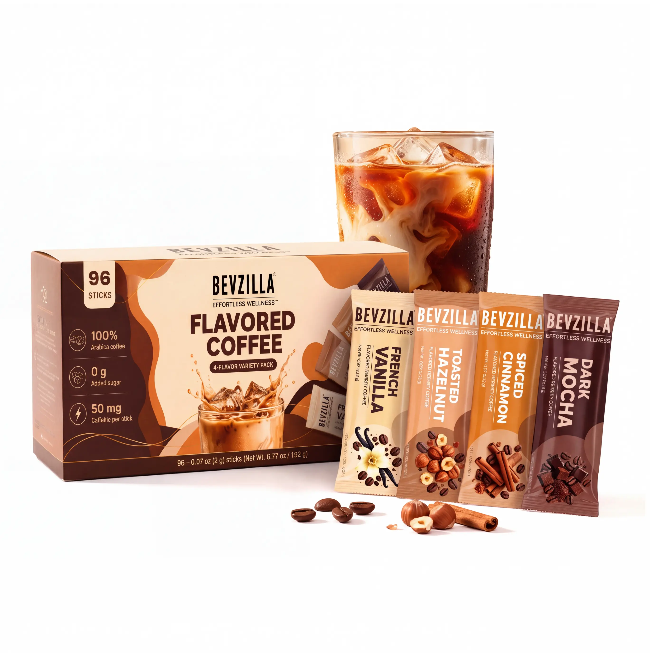 Bevzilla Flavored Instant Coffee Variety Pack - 96 Sticks, 4 Flavors (Vanilla, Hazelnut, Mocha, Cinnamon), 100% Arabica, Low Calorie, No Added Sugar Beverage Bundle