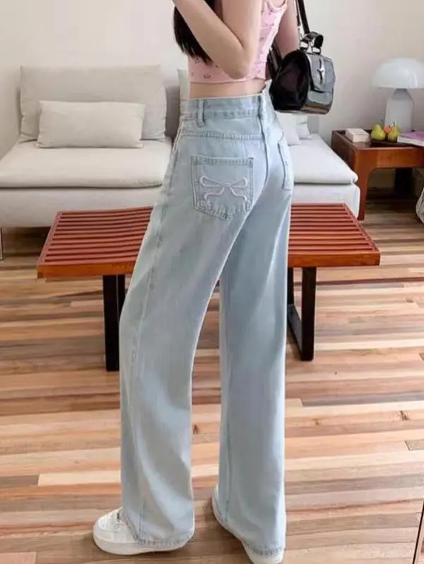 Cute Bow Embroidered Straight Jeans Women High Waist Light Wash Casual