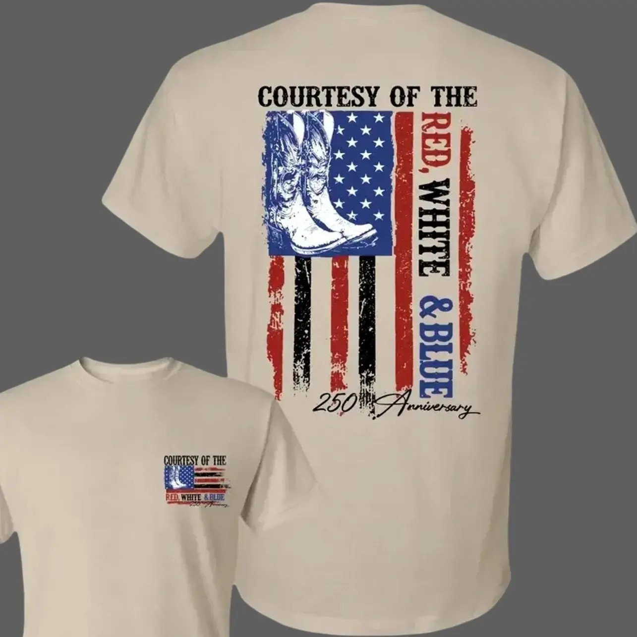 Red White & Blue T-Shirt - Courtesy Of The Red White And Blue Flag Boot Design, Small Front Chest USA Graphic, Western American Pride Style, USA 250th Anniversary Outfit, Gift For Freedom Lovers - KitchenEra