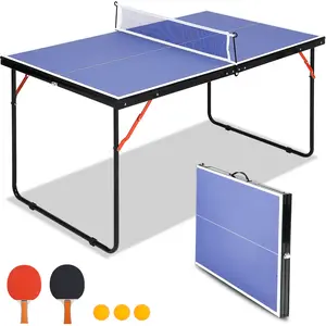 Mid-Size Portable Ping Pong Table, Indoor/Outdoor Table Tennis Table with Net, 2 Paddles & 3 Balls, Foldable Compact Game Table with Wheels for Adults and Teens, Quick Assembly