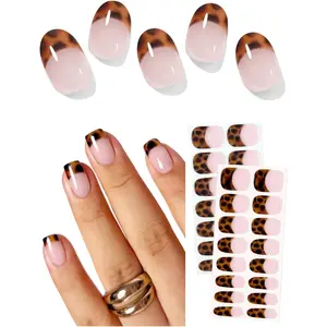 Semi Cured Gel Nail Strips (leopard French), 30 Pcs Gel Nail Wraps, Stickers, Long Lasting, Works With Any UV Lamps