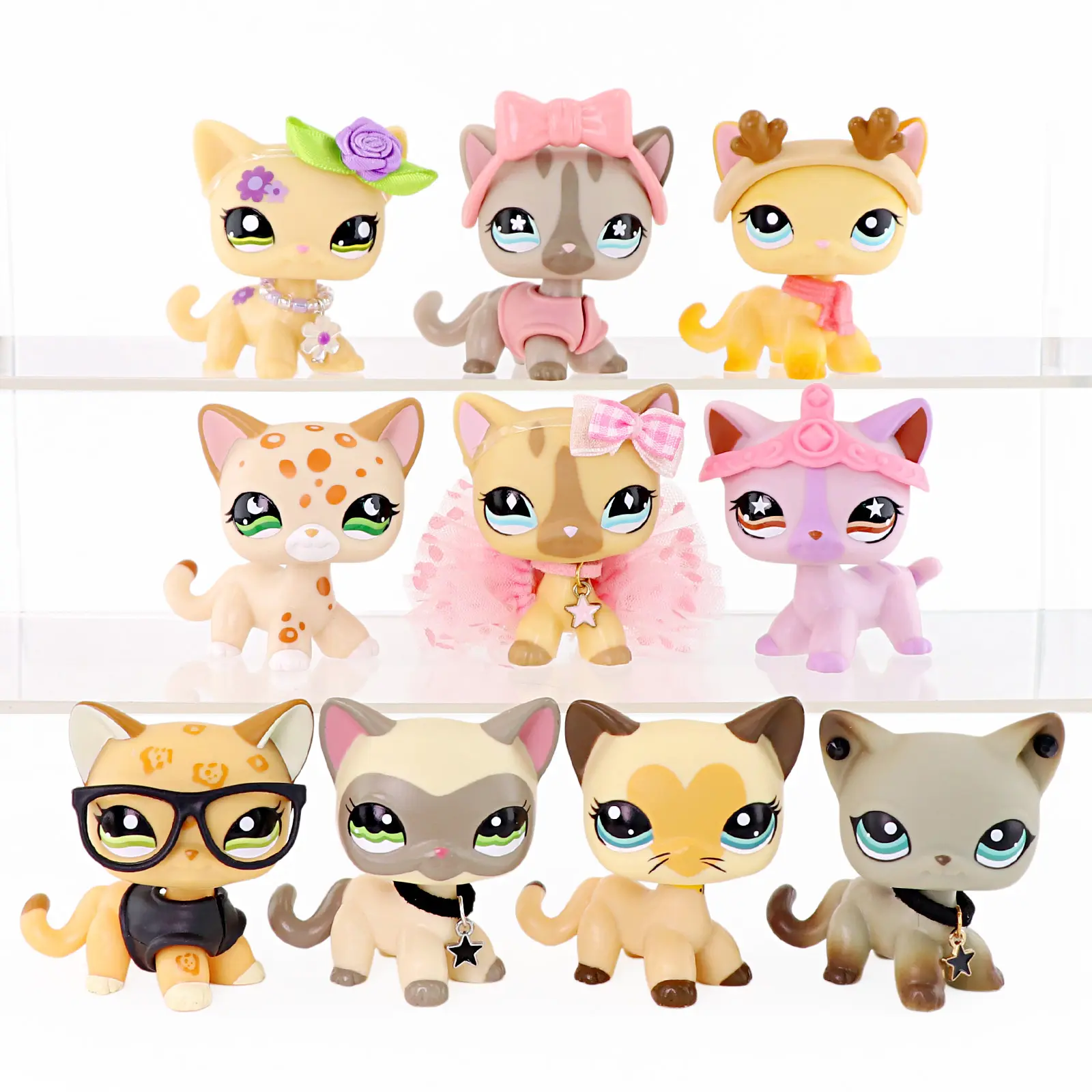 10 Pcs Kawaii Big Eye Kitten Figurines Collection Set with Fashion Accessories, Mini Cartoon Kitty Collectible Figures, Cute Animal Desktop Decor Toy Gift for Cat Lovers