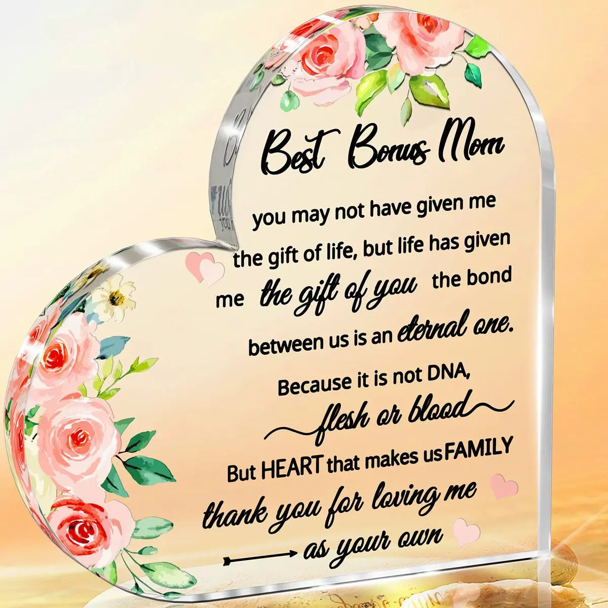 Step Mom Gift Ideas for Bonus Mom, Second Mom Gifts, Step Daughter Stepdaughter Stepson to My Other Mom Gift, Stepmom Gifts Clear Acrylic Heart Paperweight Keepsake for Mother's Day Birthday Decoration Flowers Signs 10*10Cm(1 Count)