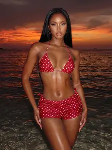 Summer New Beach Vacation Party Afternoon Tea Polka Dot Print Micro Triangle Side Tie Ruched 3 PiecesWomen Swimsuit Set Red Birthday Christmas Red Polka Dot Bikini Bathing Suit Search Bikini Polka Dot Bikini Polka Dot Bathing Suit Triangle Bikini Sets