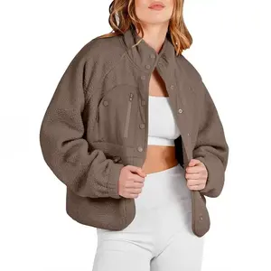 Womens Fleece Jacket Button Down Shacket Casual Sherpa Cropped Coats Warm Outwear with Pockets