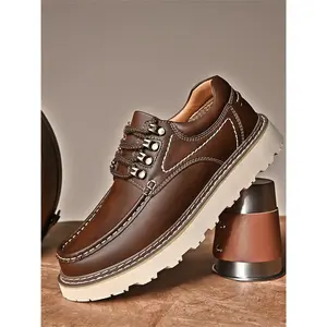 Men's Casual Lace Up Oxford Shoes, Fashionable Solid Color Derby Shoes for Outdoor Hiking, Male All-match Round Toe Shoes for Daily Wear, Leather ShoesRAIMENTRY