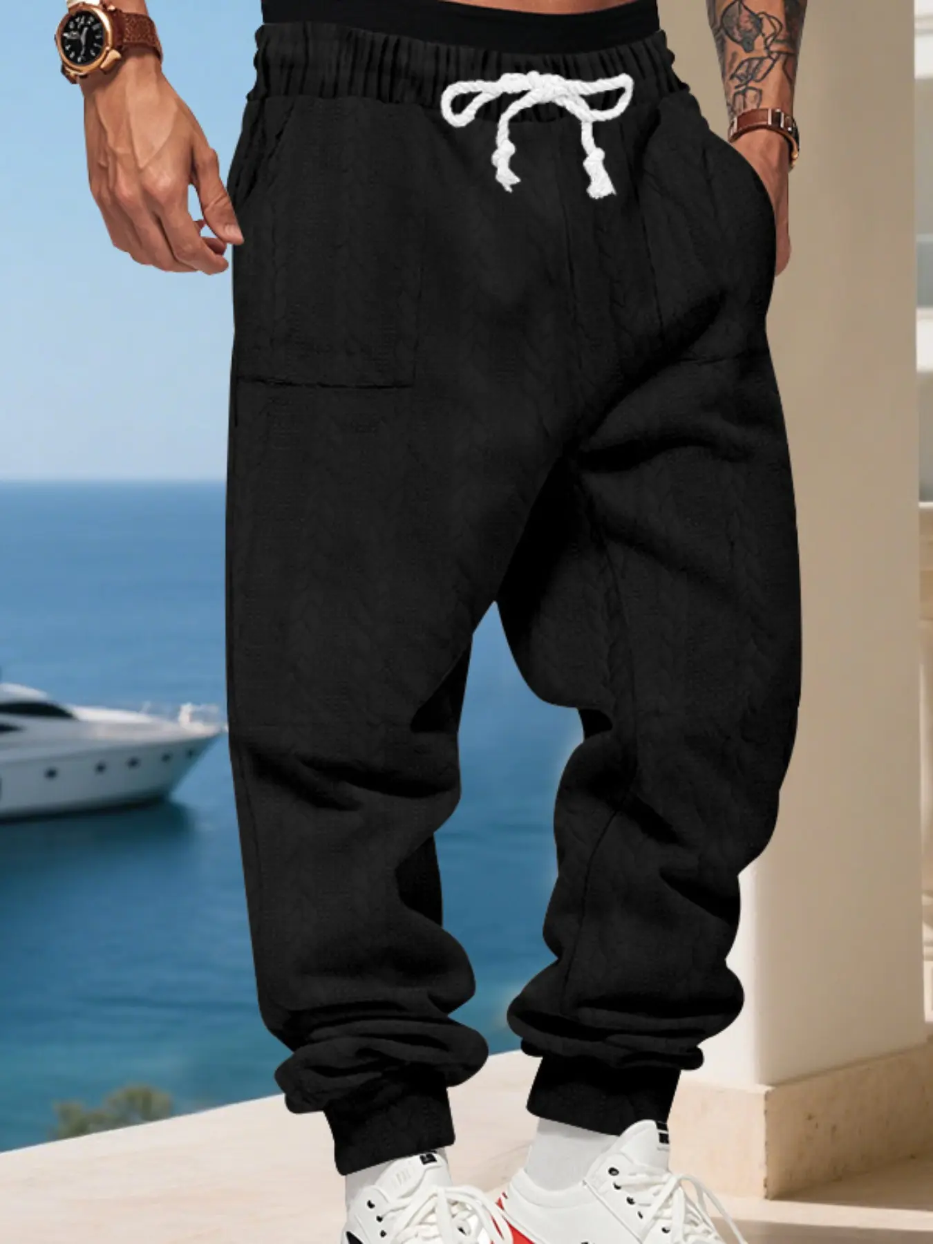Outdoor men's solid color twisted pattern ankle-length sports pants, Athleisure style pants, Drawstring waist athleisure, loose and casual drawstring elastic waistband, with pockets for practicality, suitable for autumn and winter, comfortable and warm