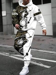 A men's casual fishing print hooded sweatshirt and sweatpants set, polyester knitted long sleeved pullover with tie, regular spring and autumn set