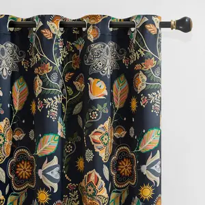 XiDi Navy Blue Vintage Floral Patterned Blackout Curtains Boho 84 Inches Long for Living Room Bedroom 2 Panels Thermal Luxury Dark Botanical Printed Curtains Grommet Drapes 52x84
