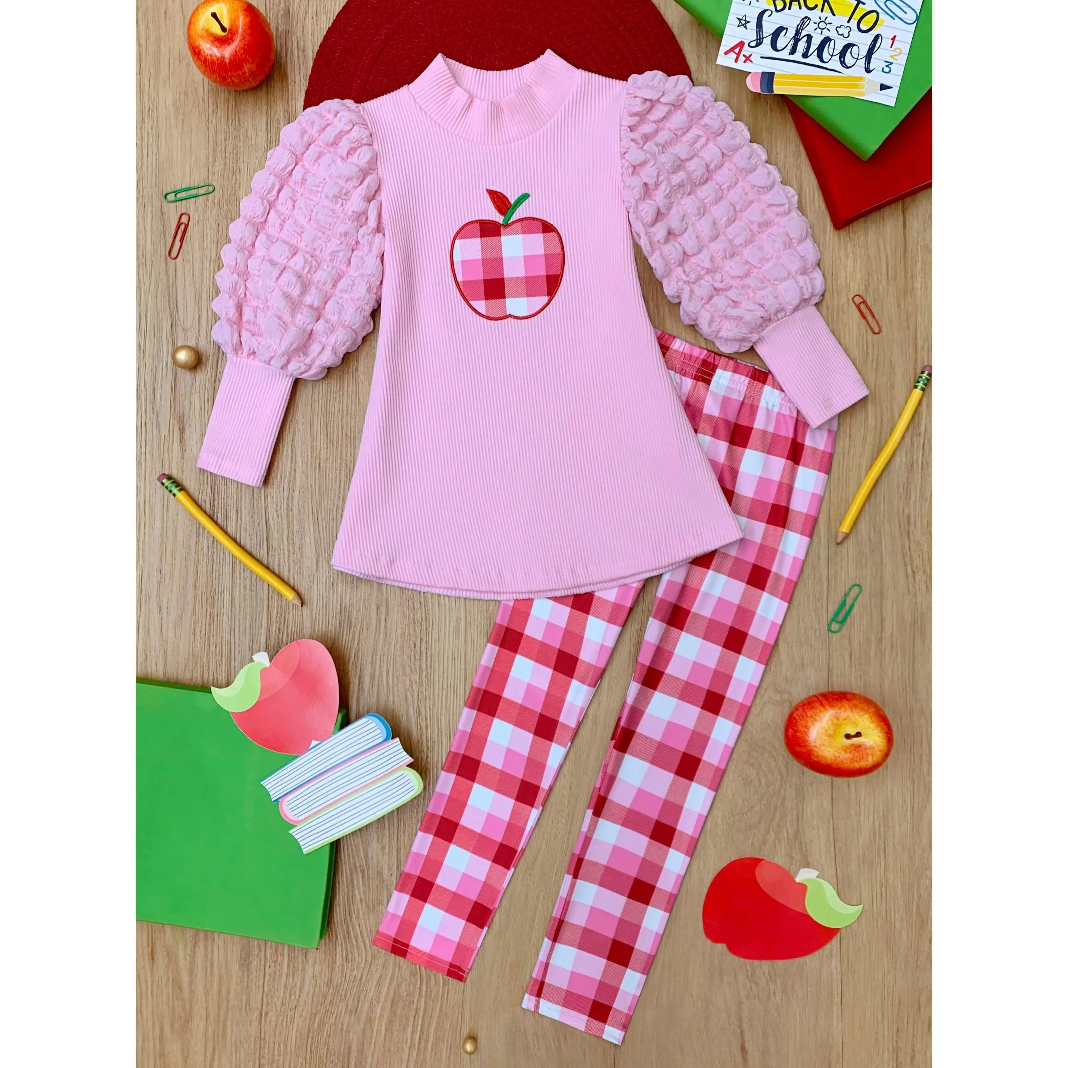 Sweet Schoolgirl Apple Tunic and Checkered Legging Set