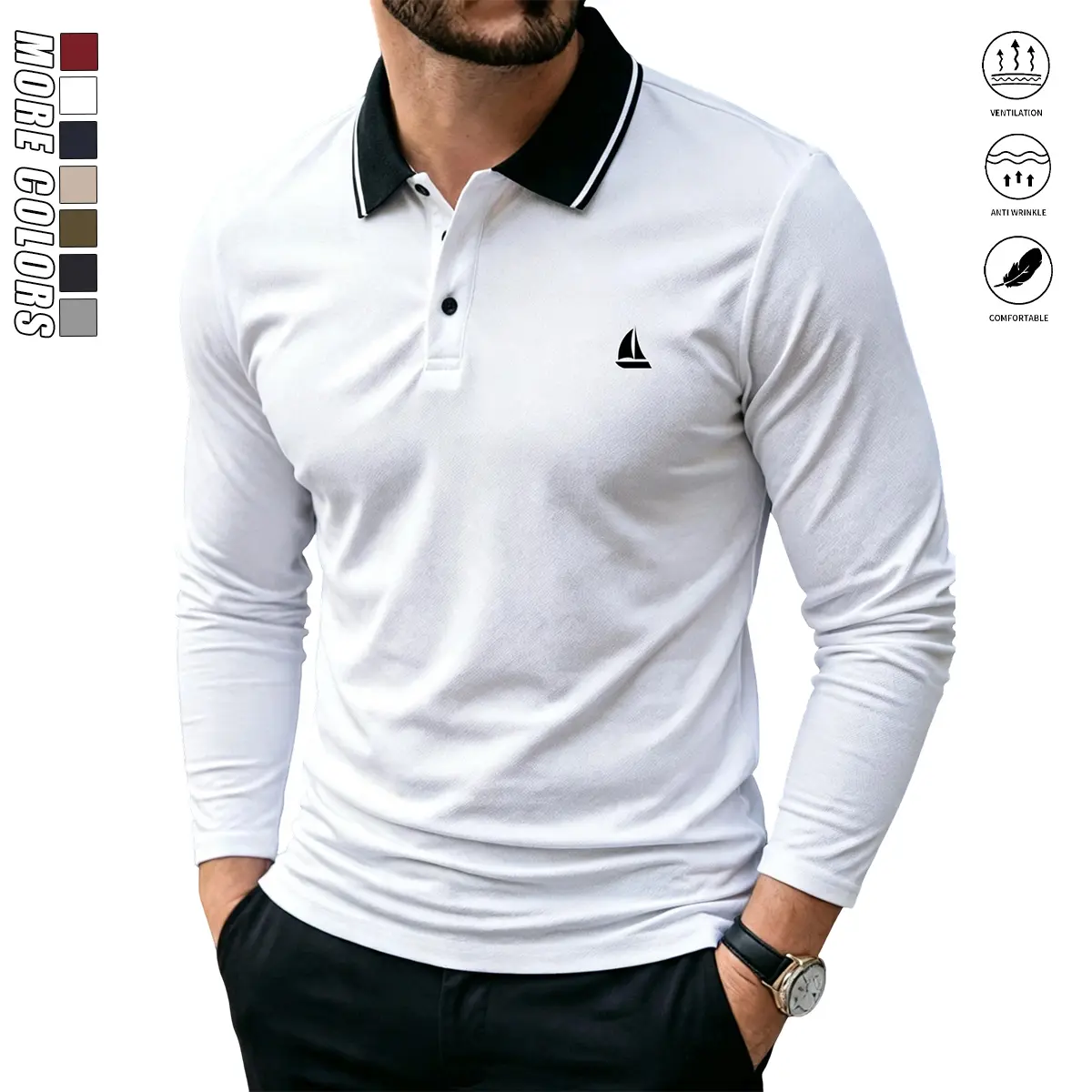 Men's Long Sleeve Polo Shirt with Contrast Collar & Sailboat Embroidery, Wrinkle-Resistant Polyester Top for Golf & Travel, Menswear