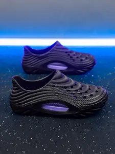 Men's Black-Purple Color Block Wave Pattern Clogs, Breathable Hollow, Anti-Slip Wear-Resistant, Soft Thick Sole, Daily Commute, Street Outings
