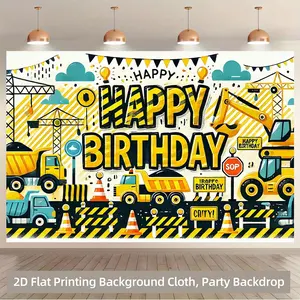 2D Flat, 1pc Happy Birthday Construction Vehicle Backdrop - Vibrant Yellow & Black Theme with Excavator, Crane, and Road Signs, Polyester Fabric, 7x5ft, Perfect for Indoor/Outdoor Party Decor, Photo Booth Props, a