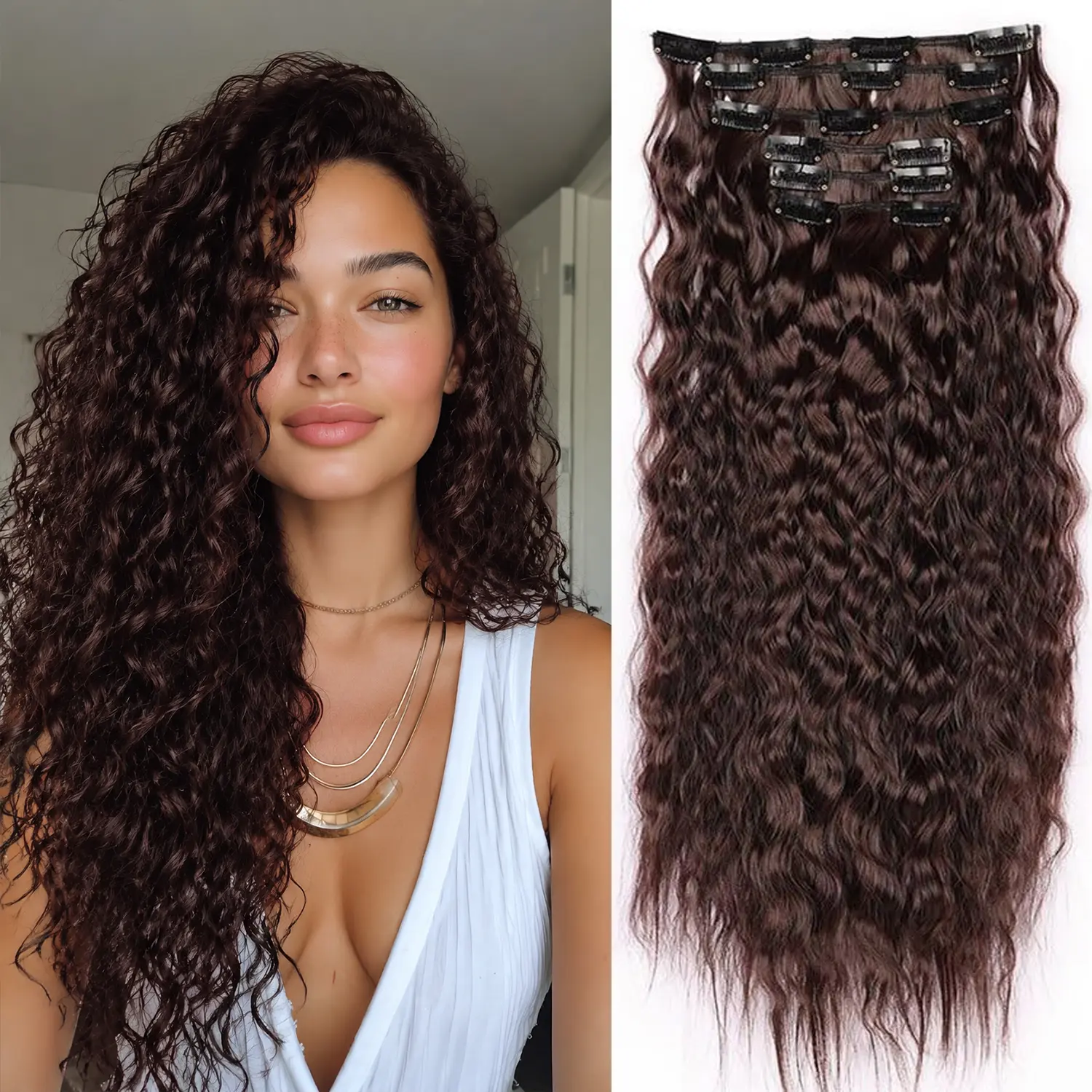 Curly Clip In Hair Extensions 6 Pcs Water Wave Clip Ins Feeling 24 Inch Full Head Double Lace Weft Soft Natural Hair Extensions for Women
