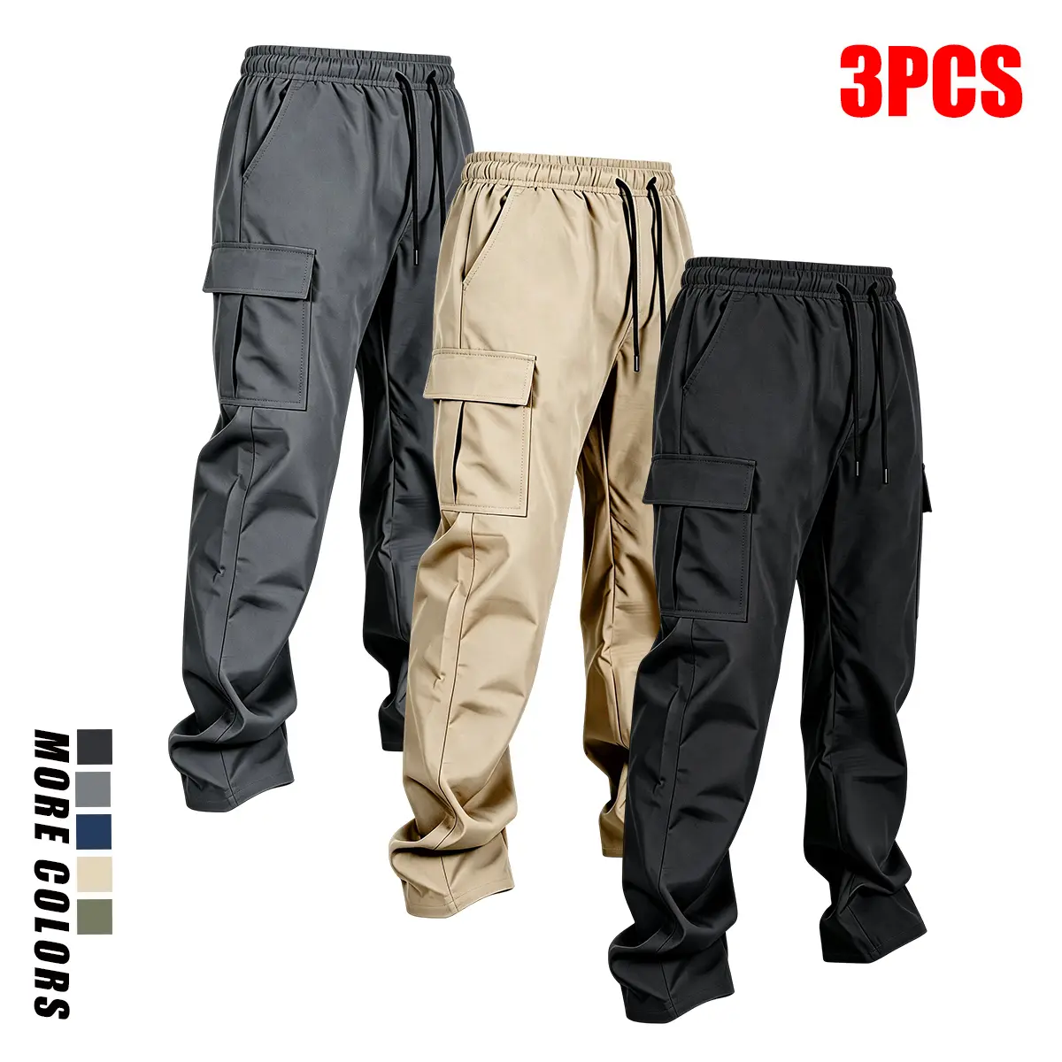 Men's 3-Pack Polyester Cargo Trousers, Plain Menswear Basic Work Pants, Lightweight Loose Casual Fit, Pocket Design, Minimalist Style, Comfortable Easy-Care, Lettered Labels, Long Length