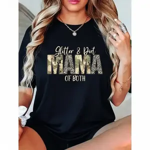 100%25 Cotton Glitter & Dirt MAMA of Both Leopard & Camo Mother's Day T-Shirt Top Women's Fashion Love Crewneck Casual Streetwear Summer Top Mum Prints graphic tee Womenswear Tshirt graphic tee shirts men Crew Neck Tee Fabric Fit