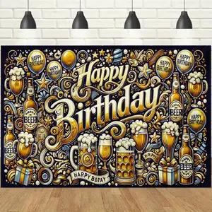 1pc 2D Retro Black & Gold Beer Birthday Banner, Gilded Beer Mug & Gift Printed Backdrop, Luxury Party Vibe, Ideal for Men's Birthday Parties, Beer-Themed Gatherings & Indoor/Outdoor Photo Booth Decor
