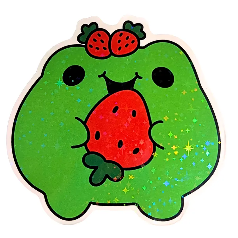 Cute Frog with Strawberry Holographic Jumbo Sticker 3.5" X 4" Vinyl Waterproof Die-Cut for Coloring Book Water Bottle Lap Top Decor