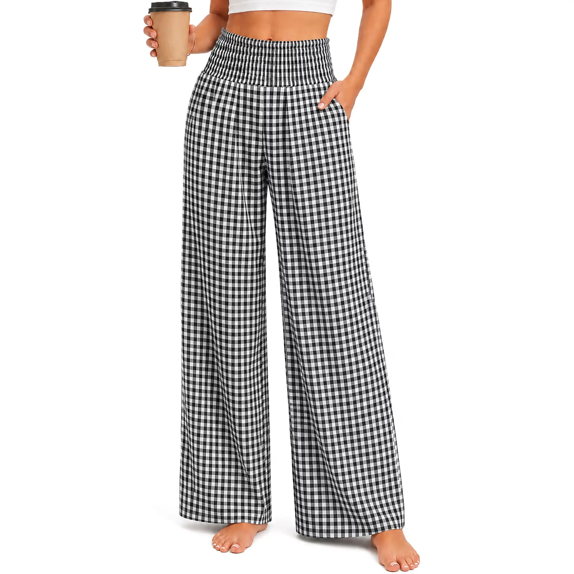 DAKIMOE Pajama Pants Women Palazzo Pants High Waisted Gingham Stripe Lounge Pants Wide Leg PJ Bottoms for Women Valentine's Day