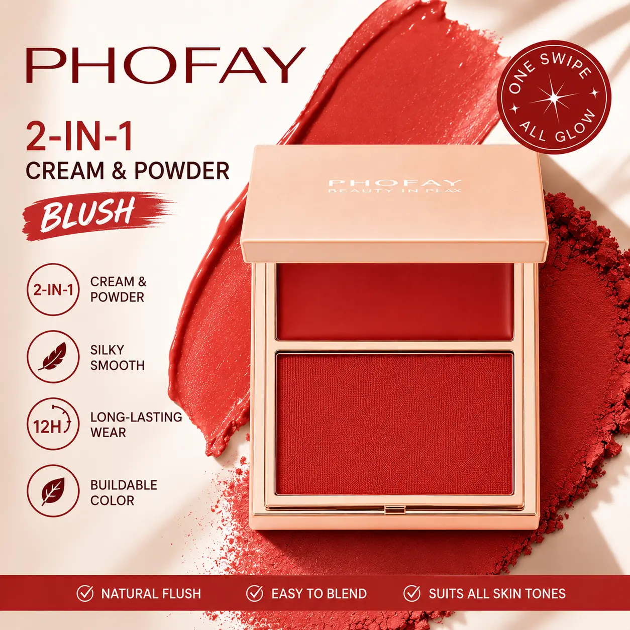 PHOFAY Cream & Powder Blush Duo | 2-in-1 Makeup for a Radiant Shimmer Flush, Buildable & Lightweight Formula for All Skin Tones, Blend, Beauty Products, Universal, Beauty Cosmetics, Sheer, Color Correction, Silky, Dual Texture, Brightening, Cheeks, Makeup