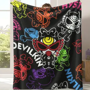 Hysteric Mini Devilkin Neon Multi-Color Silhouette Flannel Throw Blanket - Solid Black Background, Full-Repeat Cartoon Devil Outline, Soft Fleece, Harajuku Y2K Teen Bedroom Decor, All-Season Gift for Fans
