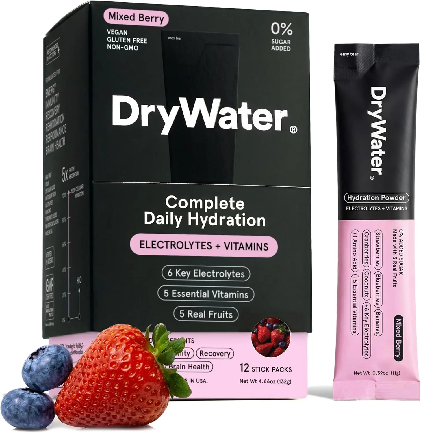 DryWater Electrolytes + Vitamins Hydration Packets, Mixed Berry 12 Pack | High Potassium, Low Sodium, Electrolytes Powder Drink Mix for Hydration - Real Organic Fruit, Zero Added Sugar, NSF Certified