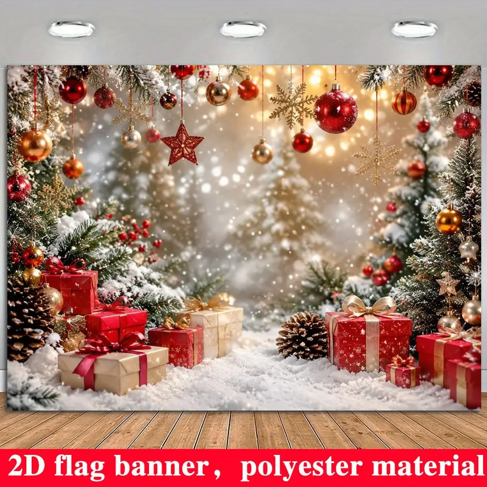 2D Flat Cozy Cloth Christmas Snowy Landscape Backdrop Banner - Lightweight Hanging Print with Junipers, Gift Boxes, Pine Cones - Ideal for Christmas Party Decoration, Photography, Holiday Gifts