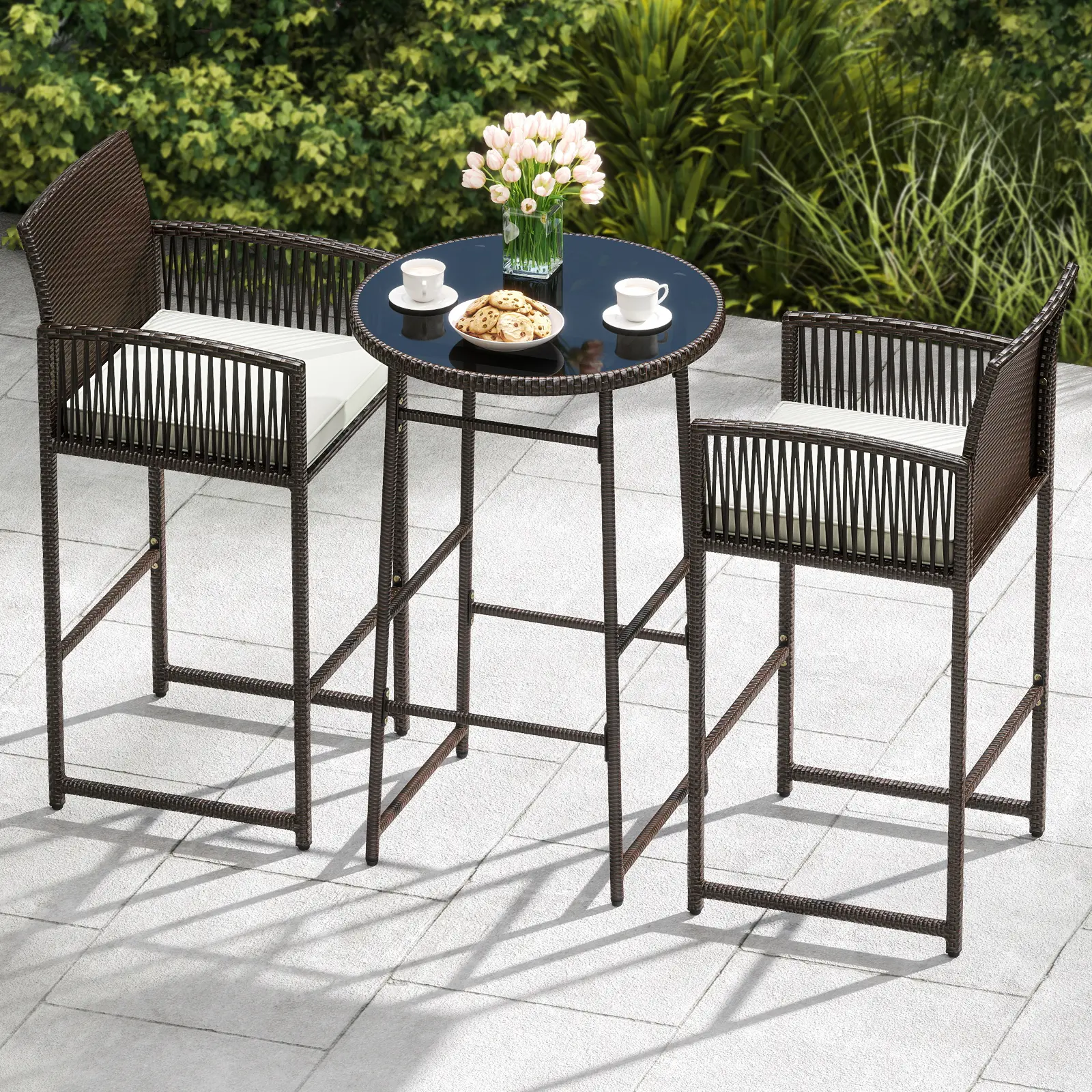COSTWAY - 3 Piece Patio Bar Set Outdoor Wicker Bar Height Table and Armchairs-White