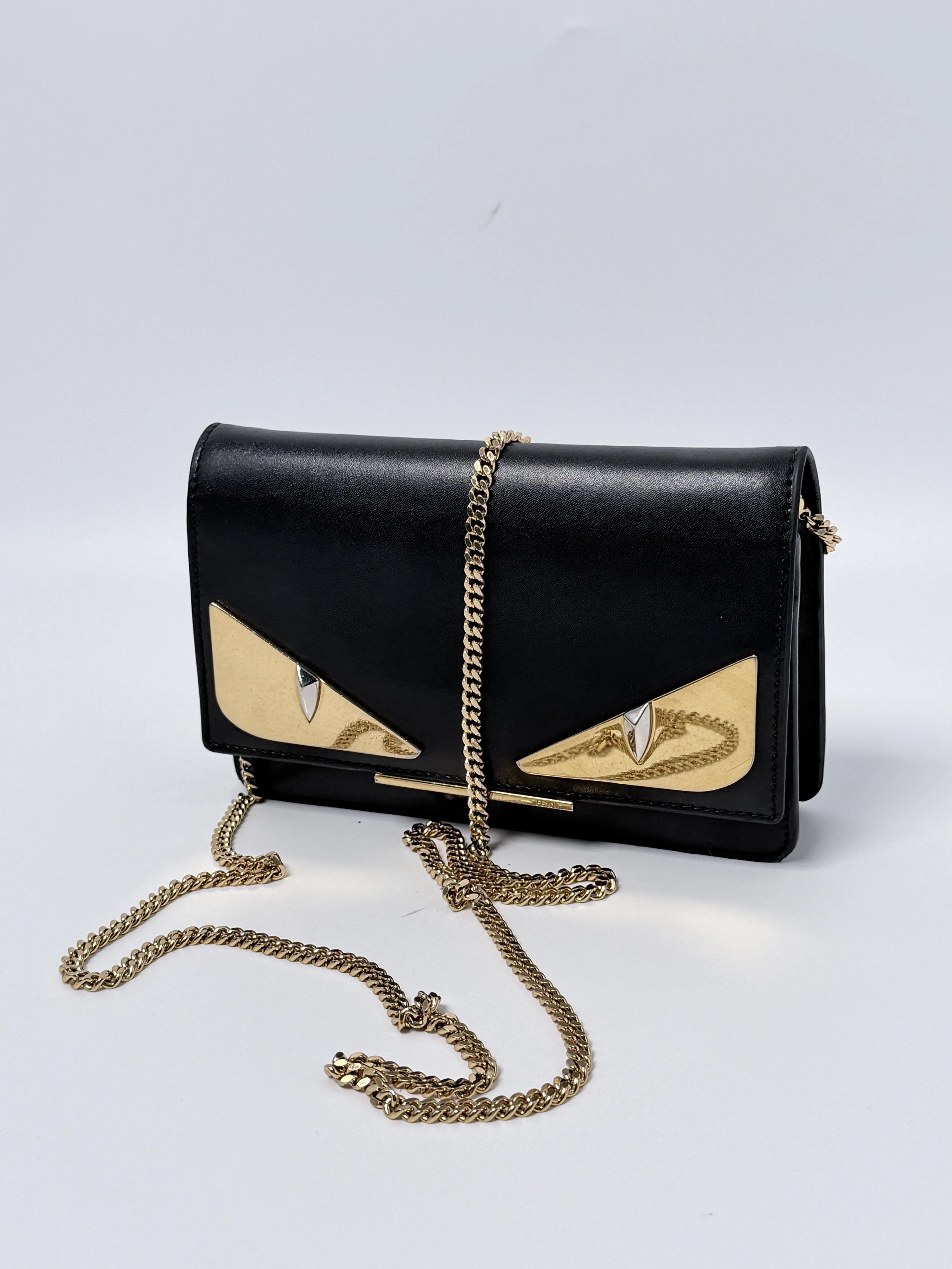 Pre-owned FENDI Leather Crossbody Bags Black Bugs Monster Eye Wallet On Chain Crossbody Shoulder Bag JD0150FD