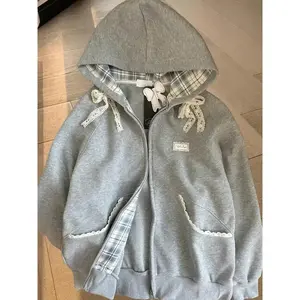 Zoki Lace Patchwork Hoodies Women Cute Bow Long Sleeve Sweatshirt Japan Preppy Style Sweet Loose Long Sleeve Female Gray Outwear