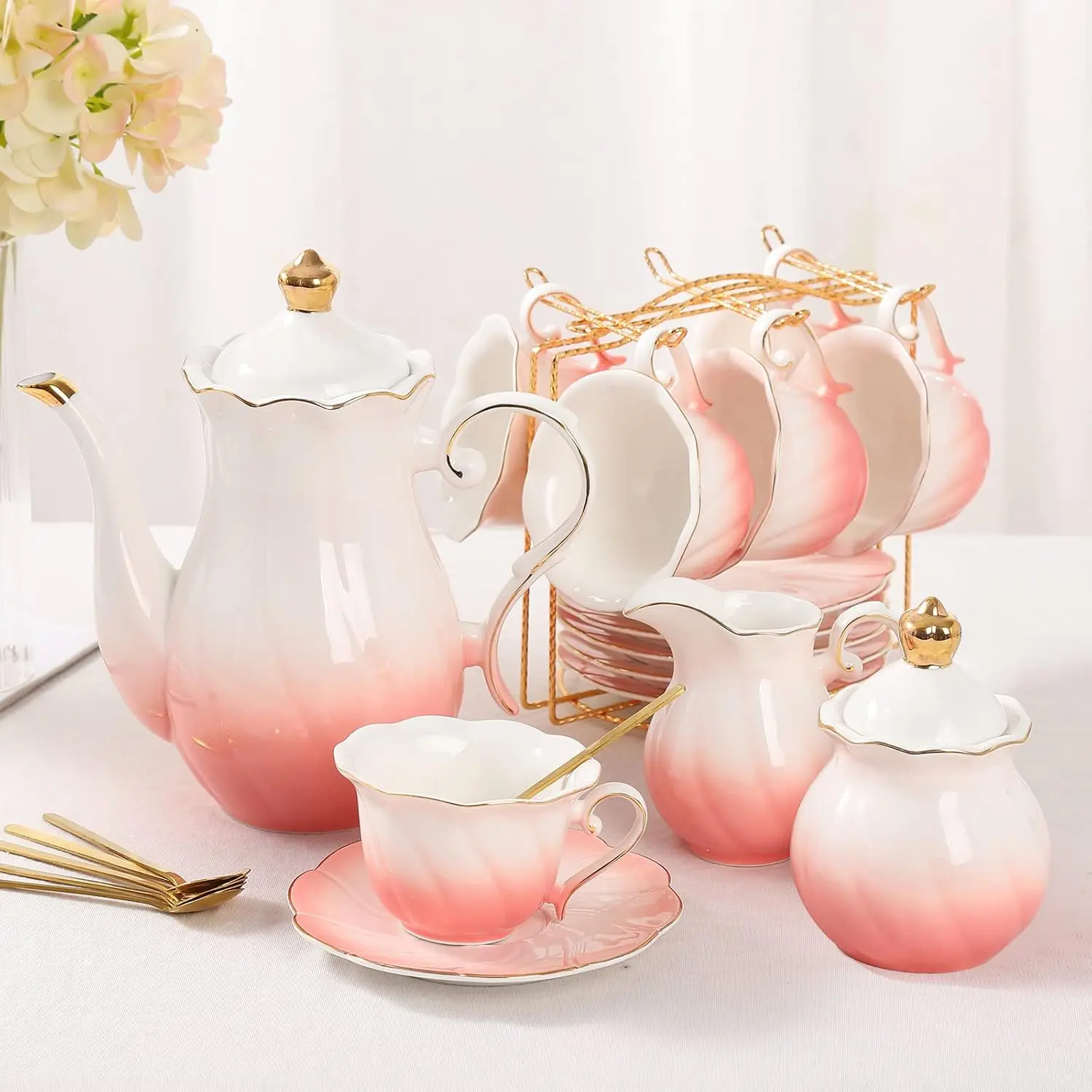 Women’s BPA-Free Food-Grade Porcelain Clay Pumpkin-Shaped Coffee Cup Saucer Set (6-Person, 22-Piece) with German Heraeus Gold Trim, Gradient Blush Pink, Built-In Filter & Stand, Frosted Bottom, Tea Tray, Mother’s Day Gift Set, No