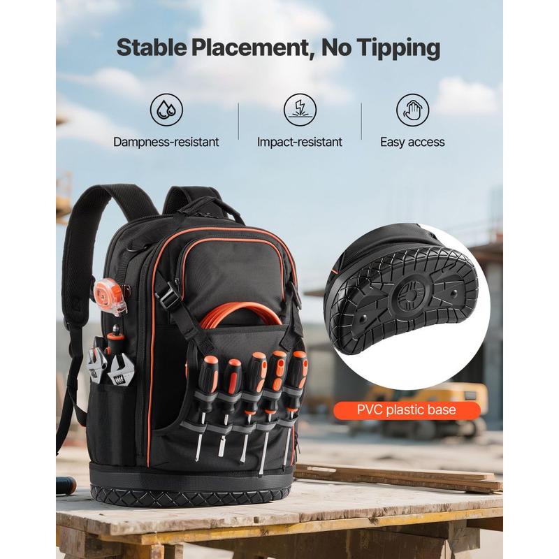 Heavy-Duty Tool Backpack with 65 Pockets: Storage Organizer Work Bag Featuring Laptop Compartment, Molded Base - Ideal for Electricians, Repairmen & HVAC Technicians