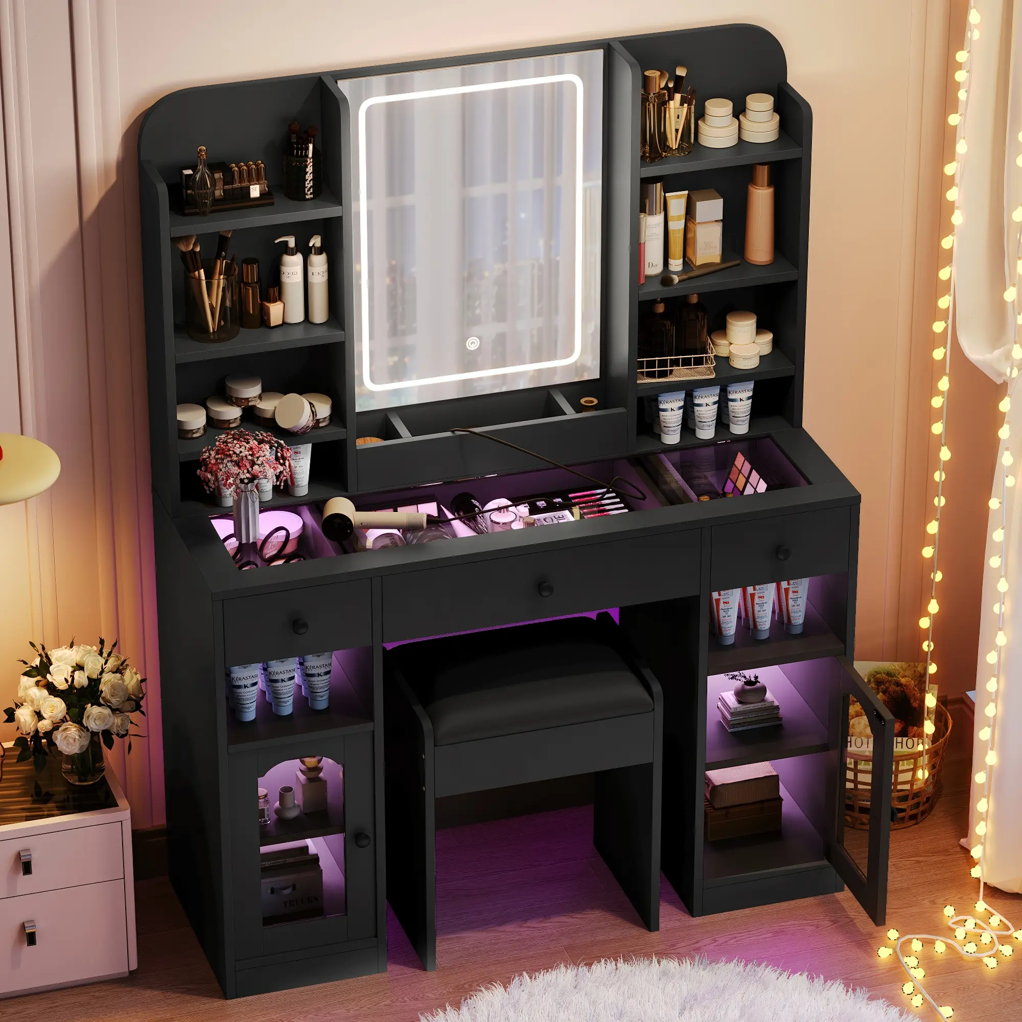 Modern Durable 43.2 in Makeup Vanity Desk with Adjustable 3-Color Dimmable LED Mirror, Glass Top, RGB Mood Light Cabinets, 3 Drawers, Storage Shelves, Complete Stool Set, 2 Standard Power Sockets for Bedroom Dressing Rooms Organization