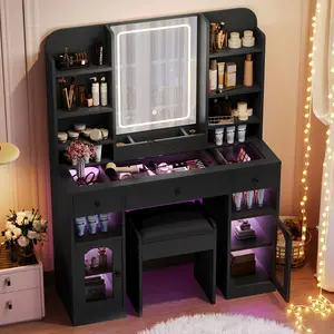 43.2" Vanity Desk with LED Mirror & Lights, Glass Top Makeup Table with RGB Glass Light Cabinets, Dressing Table with 3 Drawers & Storage Shelves, Complete Set with Stool for Bedroom
