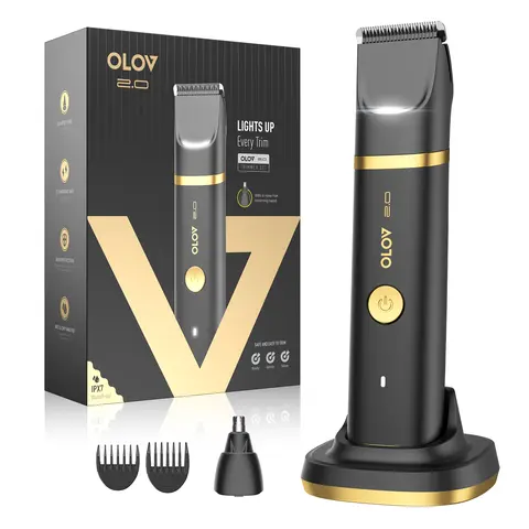 OLOV Men's Intimate Pubic & Body Hair Removal Trimmer - High Quality, Waterproof Electric Groomer with Skin-Friendly Ceramic Blades, LED Light, USB-C Charging Dock, Portable Multifunctional USB-Rechargeable Groomer, Mens Gifts, High Quality Trimmer