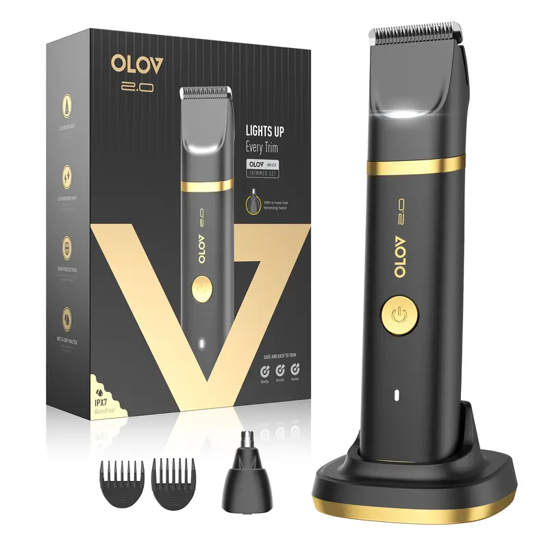 OLOV Men's Intimate Pubic & Body Hair Removal Trimmer - High Quality, Waterproof Electric Groomer with Skin-Friendly Ceramic Blades, LED Light, USB-C Charging Dock, Portable Multifunctional USB-Rechargeable Groomer, Mens Gifts, High Quality Trimmer