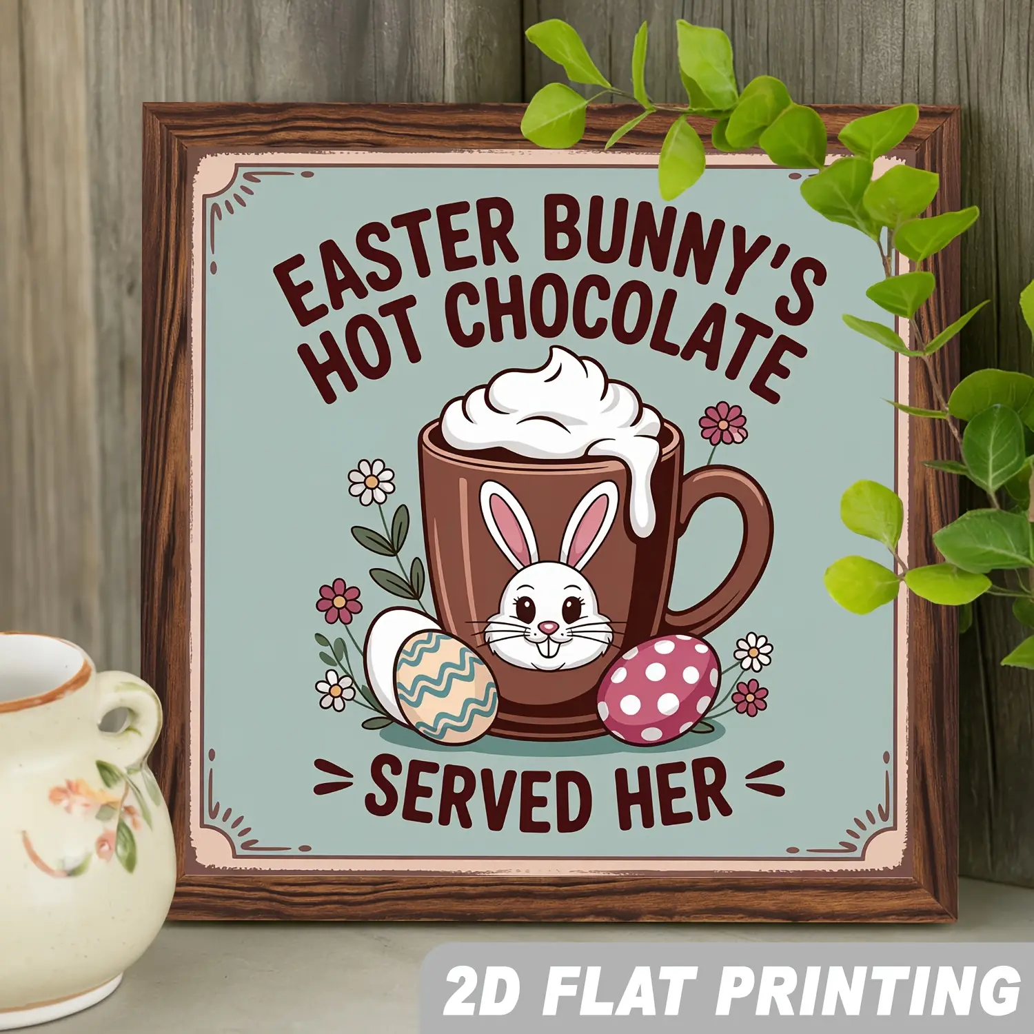 Glam Vintage 2D Bunny Hot Chocolate Wooden Wall Sign - 1pc Framed 8.0x8.0in Hanging Home Supplies Plaque, Easter-Spring Daily Decor for Wardrobe & Balcony
