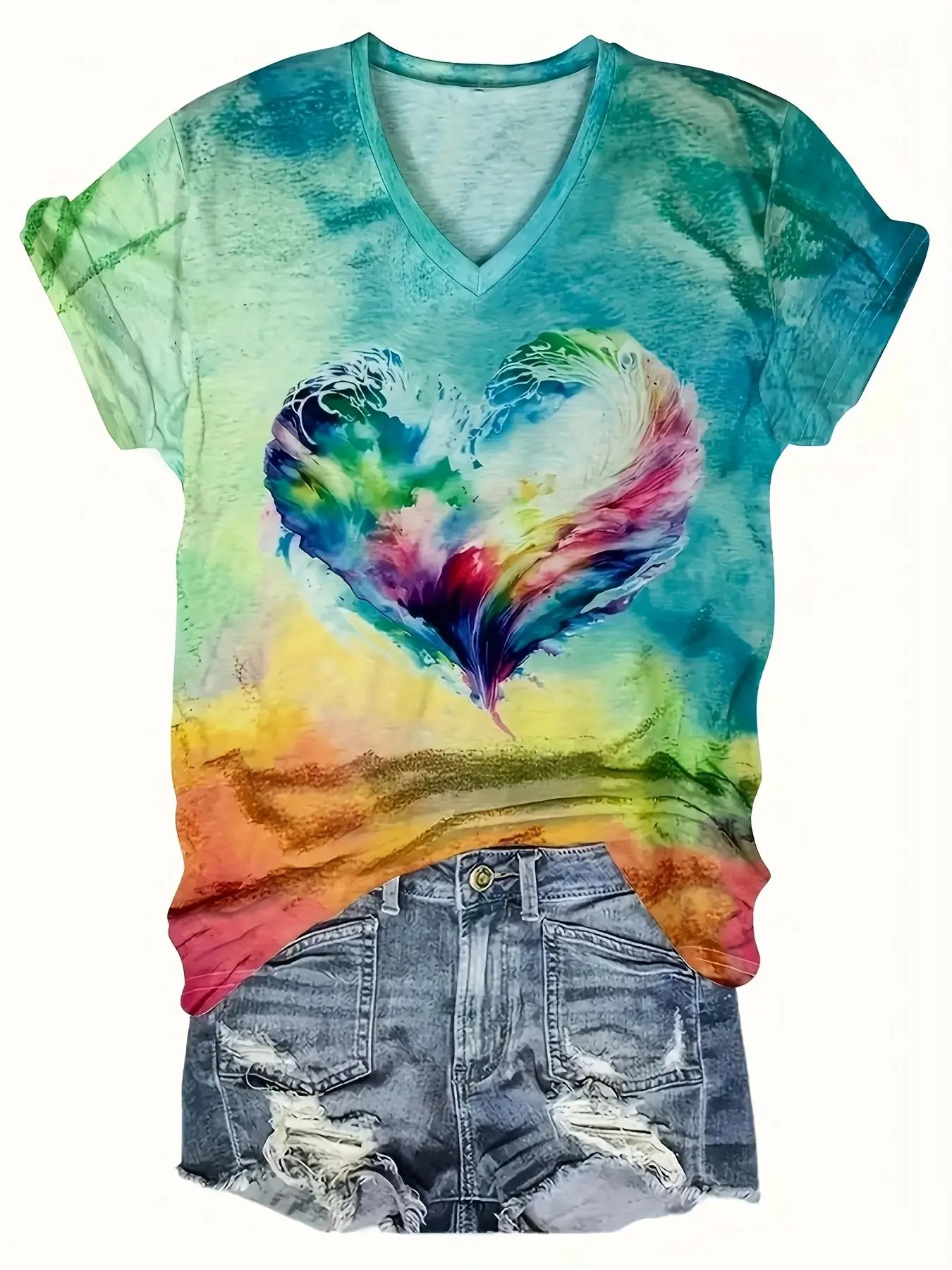 Plus Size All Over Print Gradient V Neck Fitted Tee, Casual Short Sleeve T-shirt Top for Summer, Women's Plus Clothing for Daily Wear