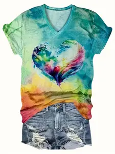 Plus Size All Over Print V Neck Fitted Tee, Casual Short Sleeve T-shirt Top for Summer, Women's Plus Clothing for Daily Wear