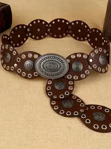 Women's PU Belt with Rivets, Silver Color Flower Buckle, Bohemian Style Fashion Waistband for Daily Wear