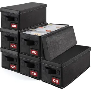CD Storage Boxes, 6P CD Storage Cases with Lid,Collapsible CD Organizer Holds 204 CD Cases (34 Each), Also Perfect Fabric Boxes for Toys, Socks, Cards