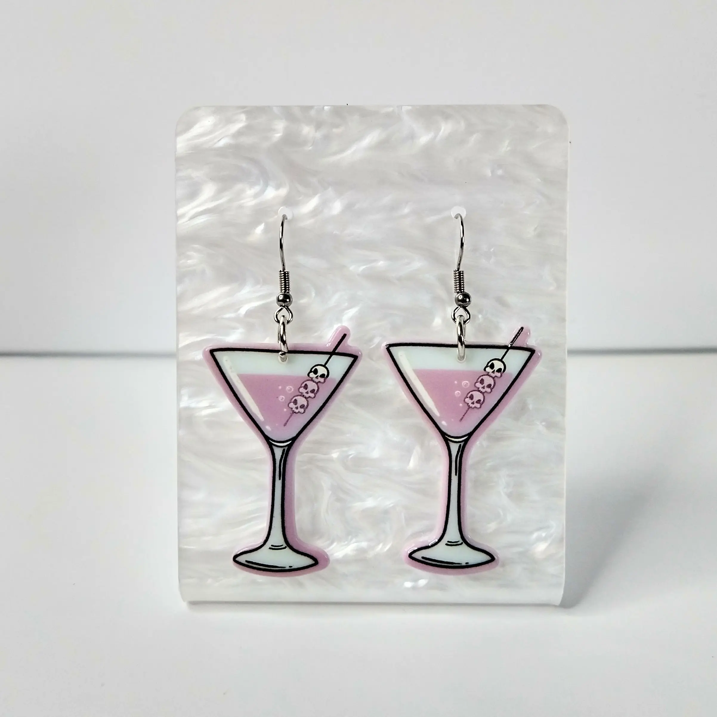 #421 Pink Martini with Skull Olives Earrings- Stainless Steel Hooks- Casual Halloween Jewelry