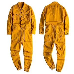 Men’s loose-fit long-sleeve cotton camisole jumpsuit with pants, dark yellow workwear, long pants, beige