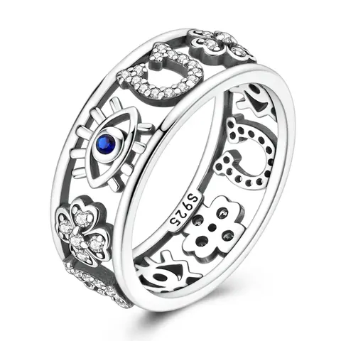 MULA Silver-Plated Lucky Amulet Ring - Adorned with Evil Eye, 4-Leaf Clover, Horseshoe, Cubic Zirconia - Women's Costume Jewelry, Ideal Women's Gift, Jewelry For Women, Gifts For Women summerwins