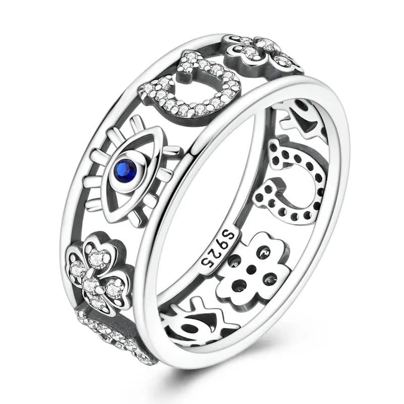 MULA Silver-Plated Lucky Amulet Ring - Adorned with Evil Eye, 4-Leaf Clover, Horseshoe, Cubic Zirconia - Women's Costume Jewelry, Ideal Women's Gift, Jewelry For Women, Gifts For Women summerwins,summeroutfits,vacationoutfits,beachoutfits