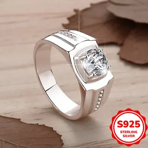 925 Sterling Silver Inset Shiny Synthetic Zircon Ring for Men and Women, 7 Grams, High-Grade Ring Design