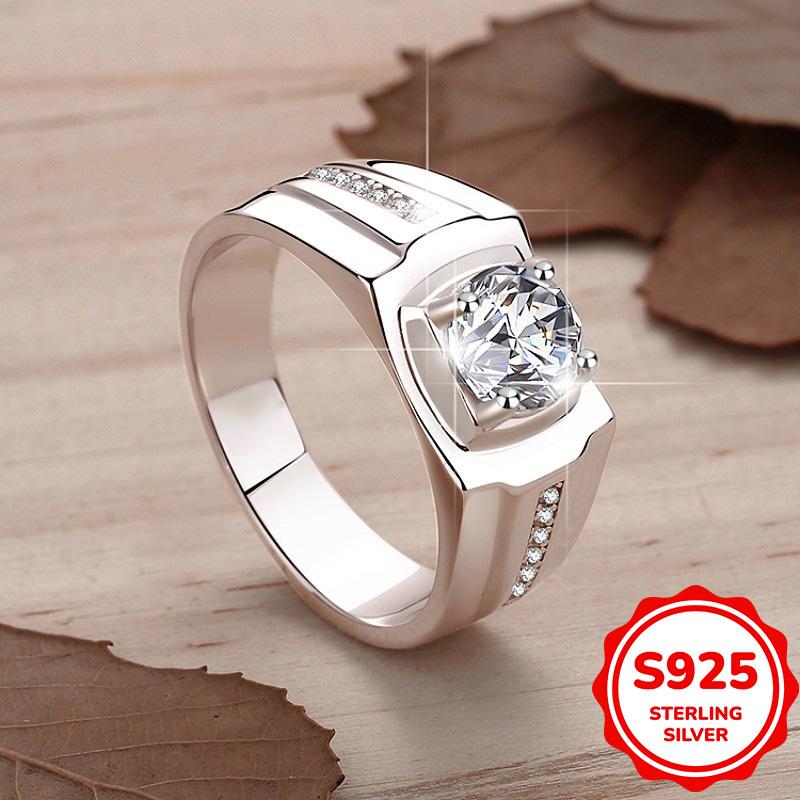 925 Sterling Silver Inset Shiny Synthetic Zircon Ring for Men and Women, 7 Grams, High-Grade Ring Design