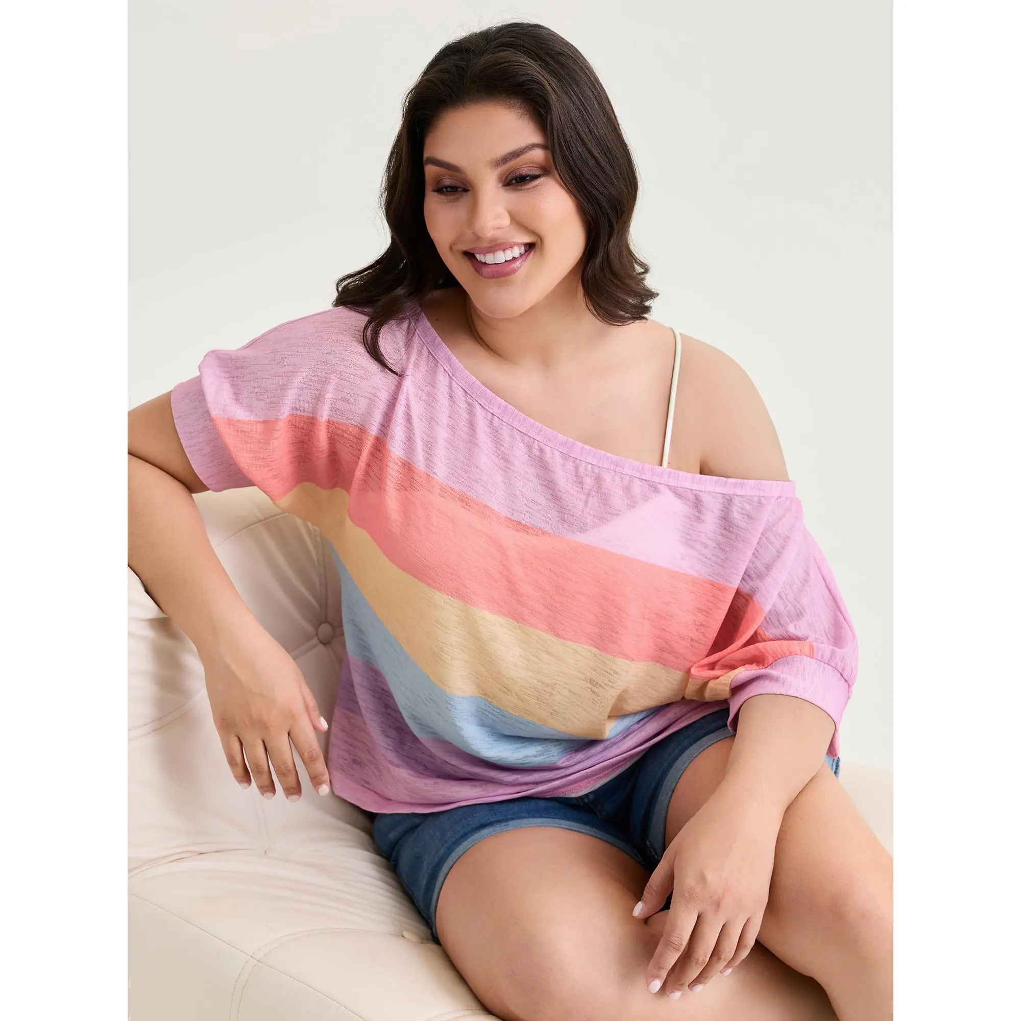 BLOOMCHIC Plus Size Sheer Colorblock One-Shoulder T-Shirt [M–6X], 2026 Summer Vibes