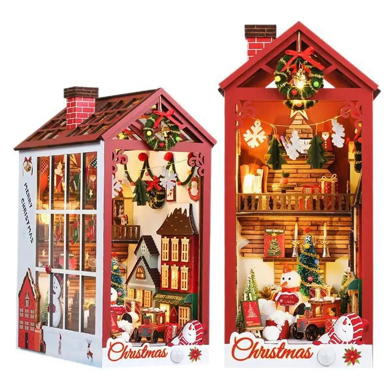 Christmas Book Nook DIY Miniature House Kit with LED Light & Music Box