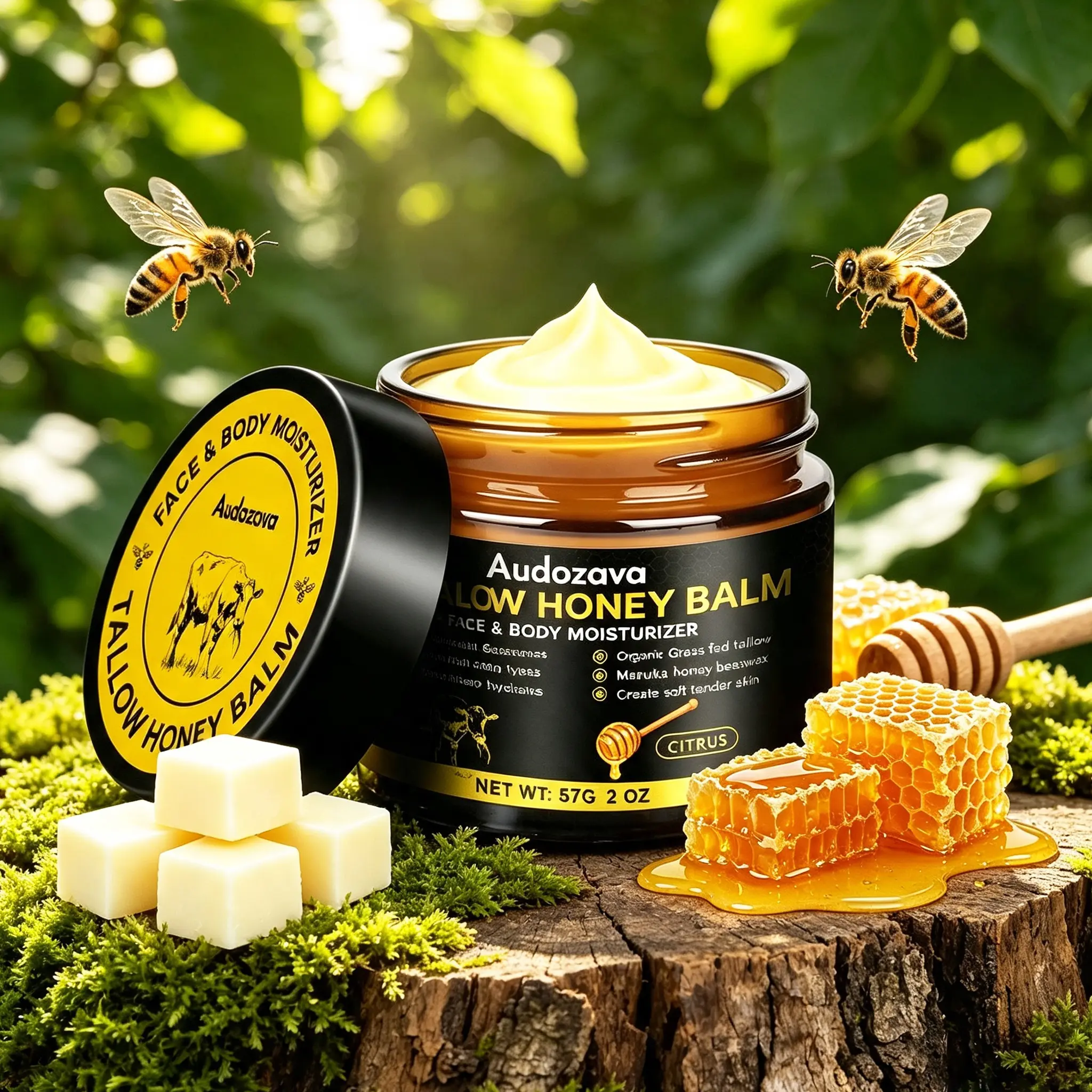 Organic Grass-Fed Beef Tallow Balm with Raw Honey & Antioxidants - Honey-Based, Moisturizing, Non-Toxic, Longlasting Body Moisturizer for Dry Skin- Beef Tallow for Skin Care, Honey-Based Body Balm,travel essentials,sunscreen